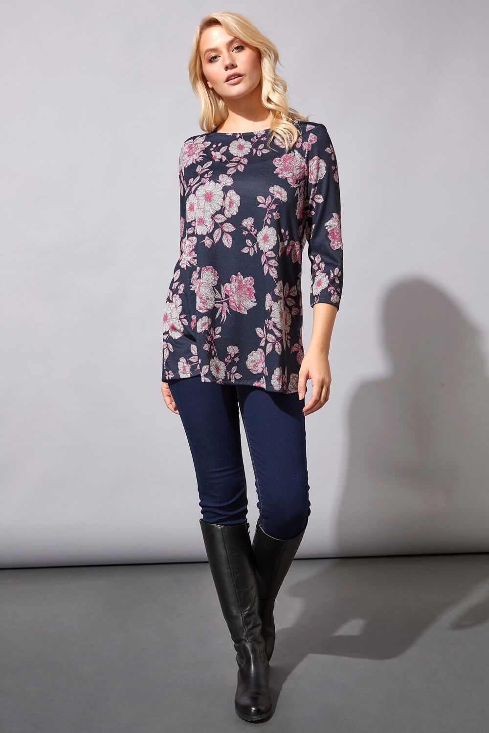 Navy  Square Neck Floral Print Tunic Top, Image 2 of 4