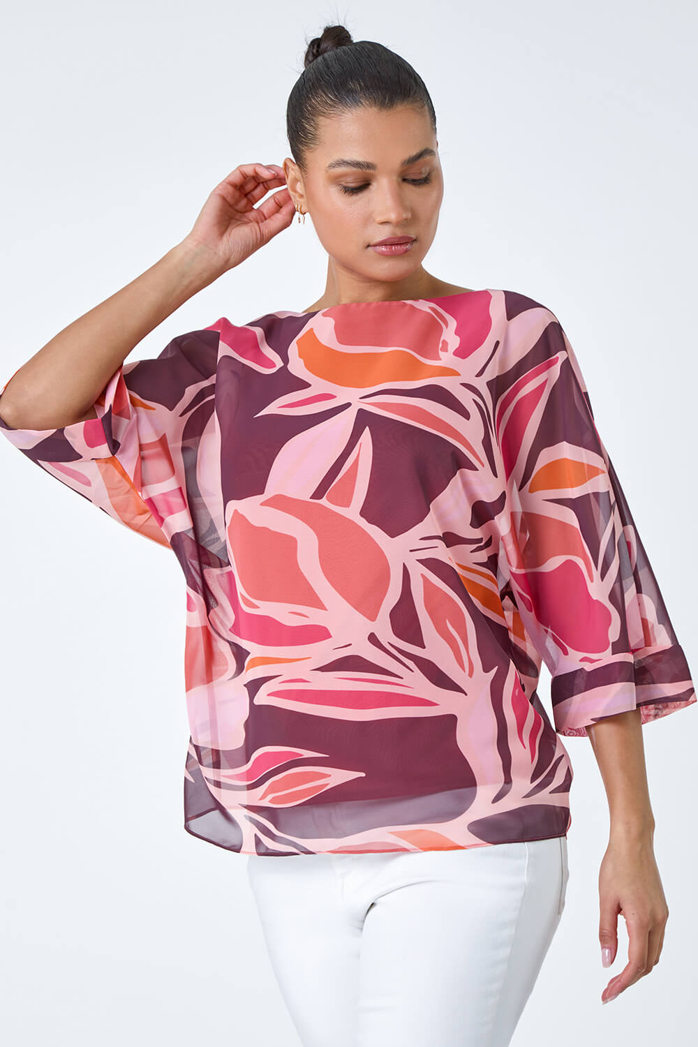 CORAL Floral Print Overlay Top, Image 2 of 5