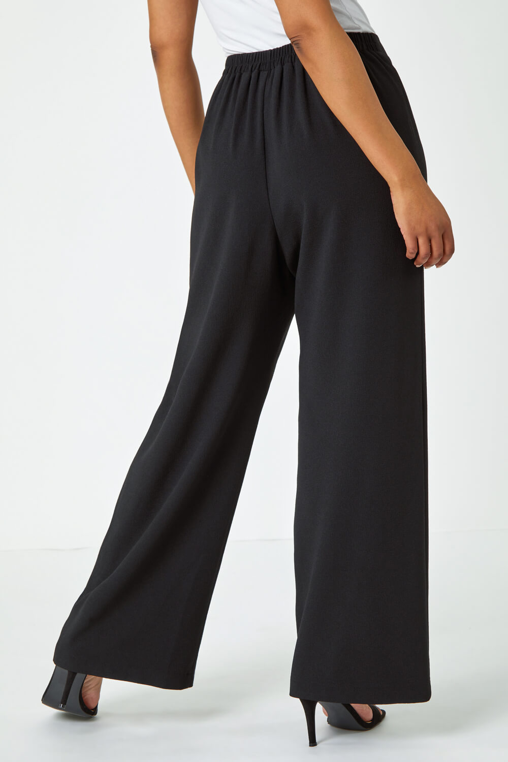 Black Petite Wide Leg Stretch Trousers, Image 3 of 5