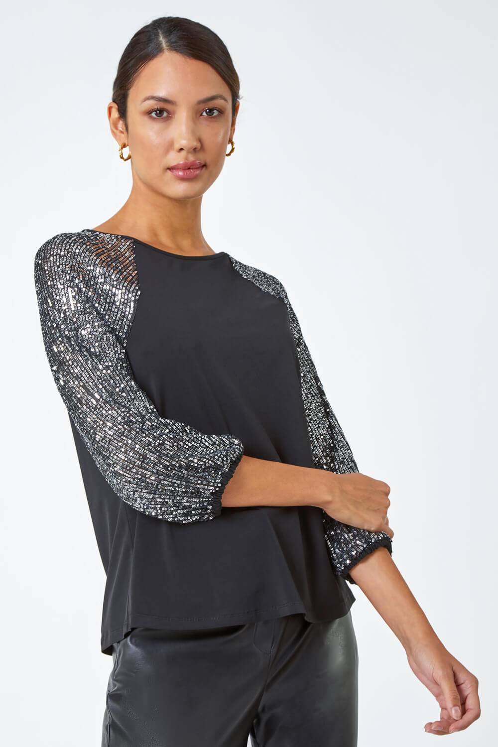 Sequin Sleeve Stretch Jersey Top