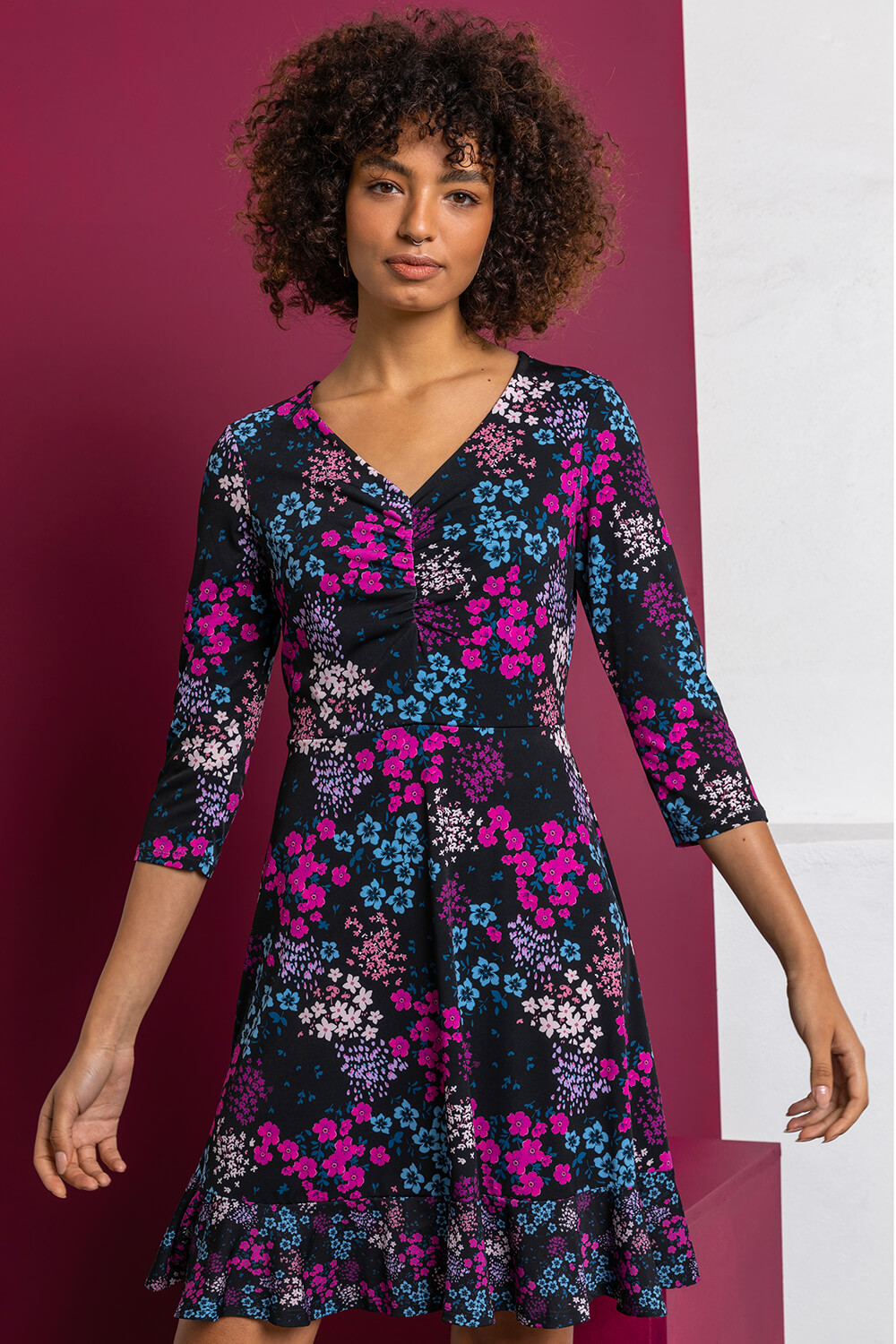 Purple Floral Print Ruched Mini Dress, Image 5 of 5