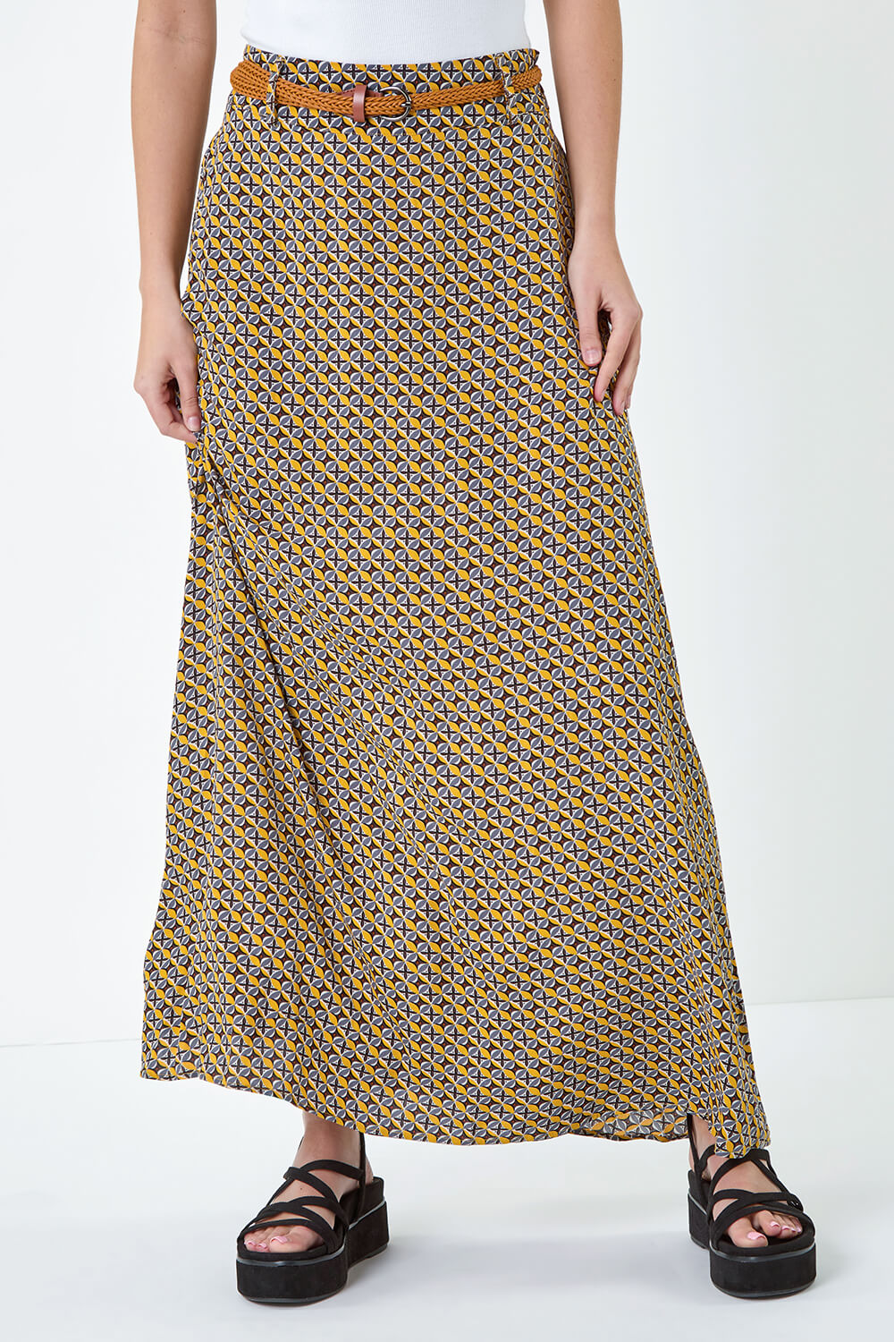 Yellow Floral Print Belted Maxi Skirt, Image 4 of 5