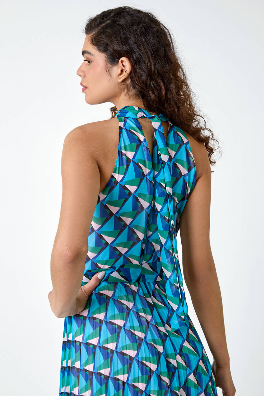 Turquoise Geometric Halterneck Midi Dress, Image 4 of 5