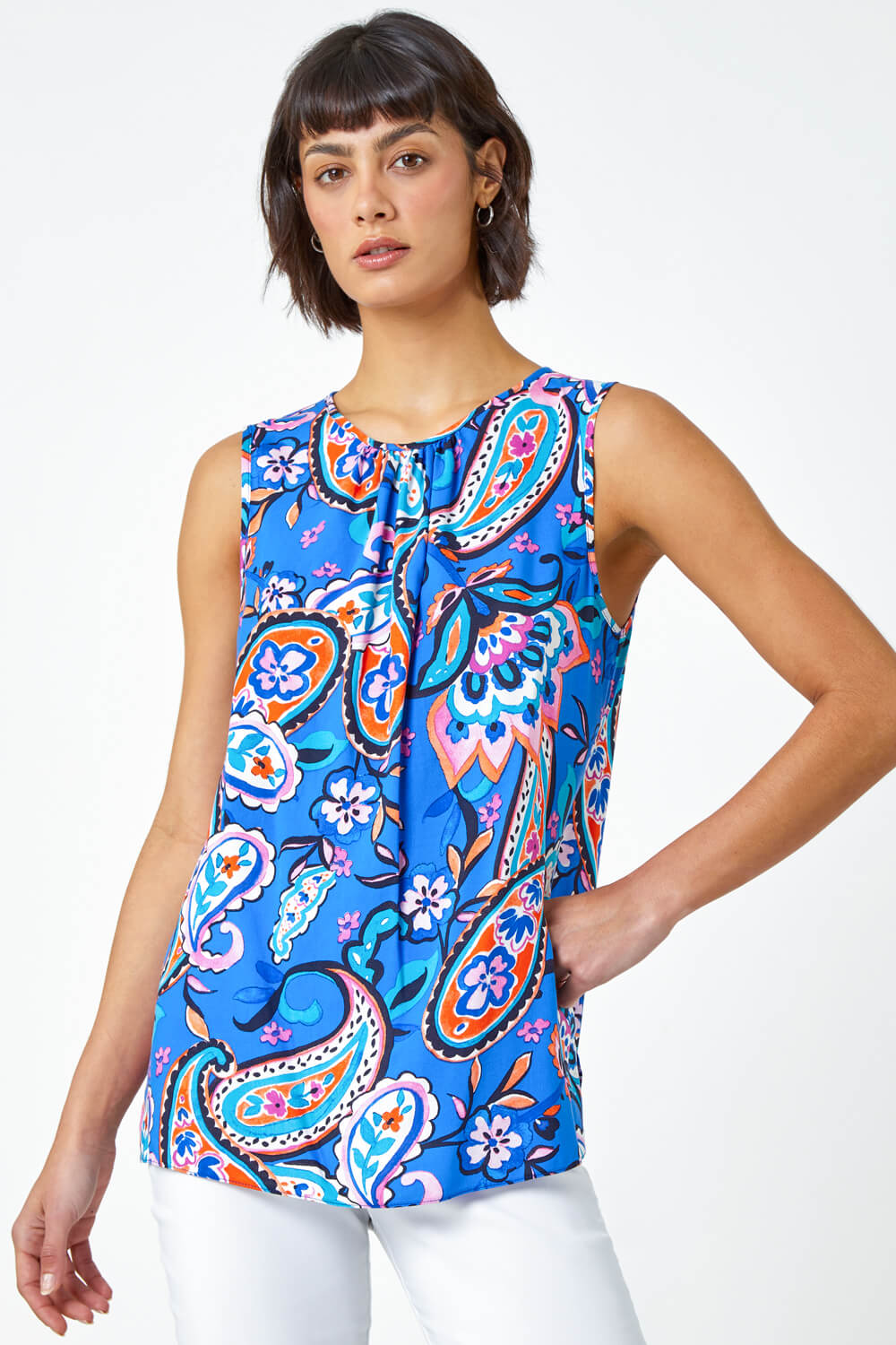 Blue Paisley Print Button Back Shell Top, Image 2 of 5