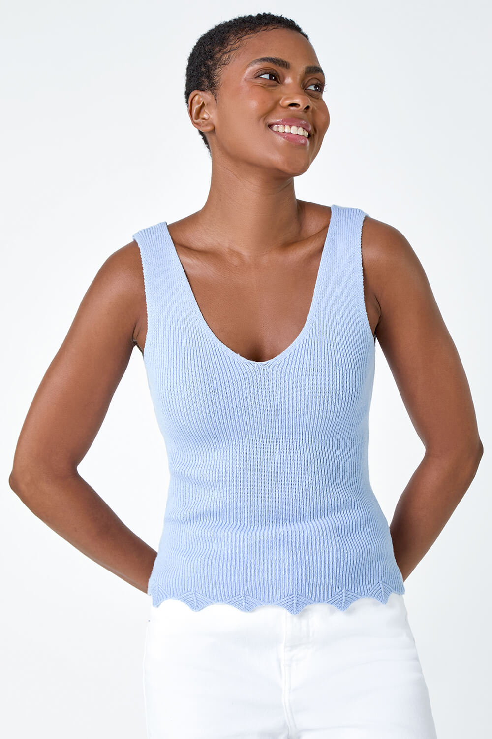 Light Blue  Scalloped Edge Knit Vest, Image 4 of 7