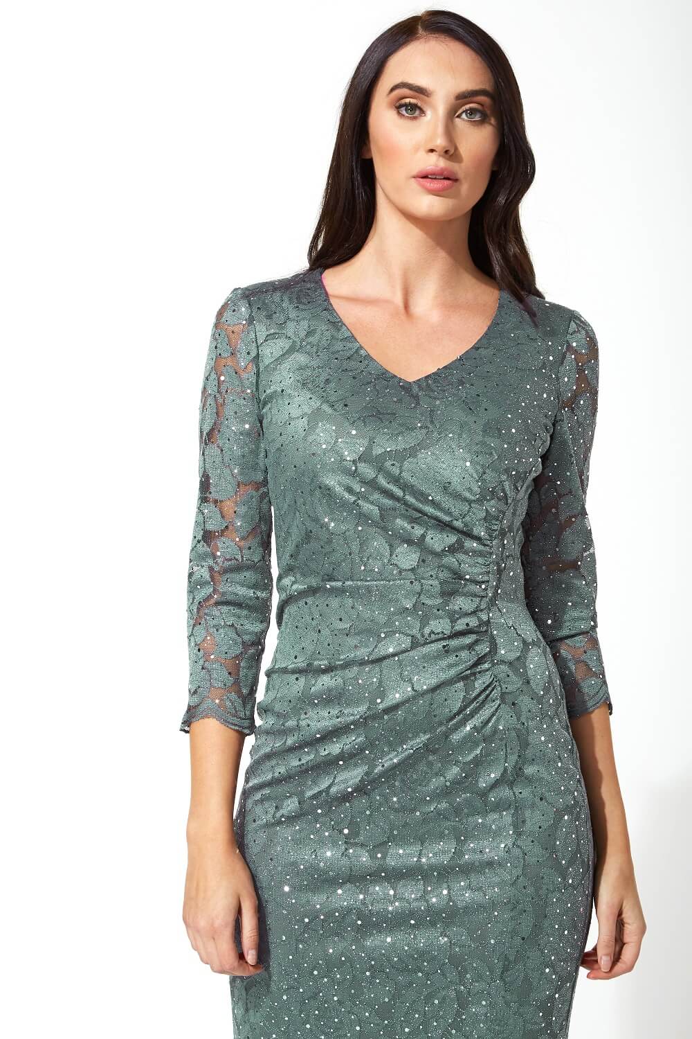Green Lace Sequin Ruched Dress, Image 4 of 5