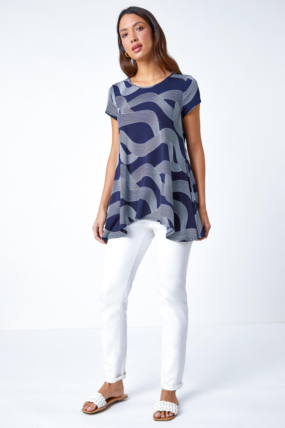 Navy  Abstract Swirl Print Stretch Top, Image 2 of 5