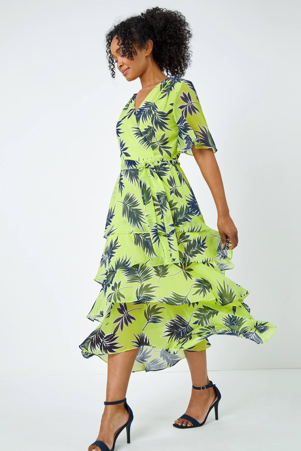 Lime Petite Tropical Chiffon Tiered Midi Dress, Image 2 of 5