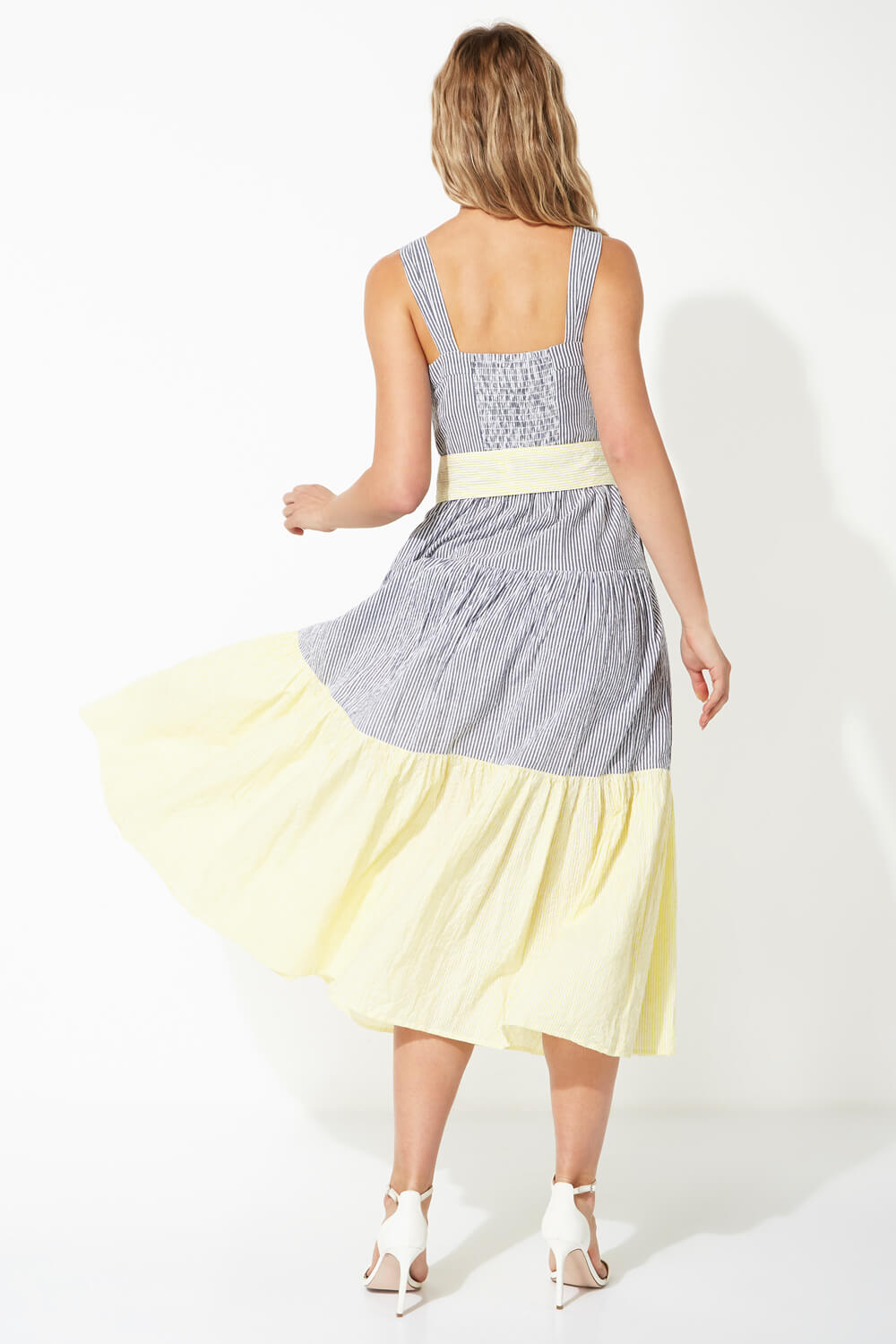 Yellow Stripe Tiered Midi Dress, Image 3 of 5