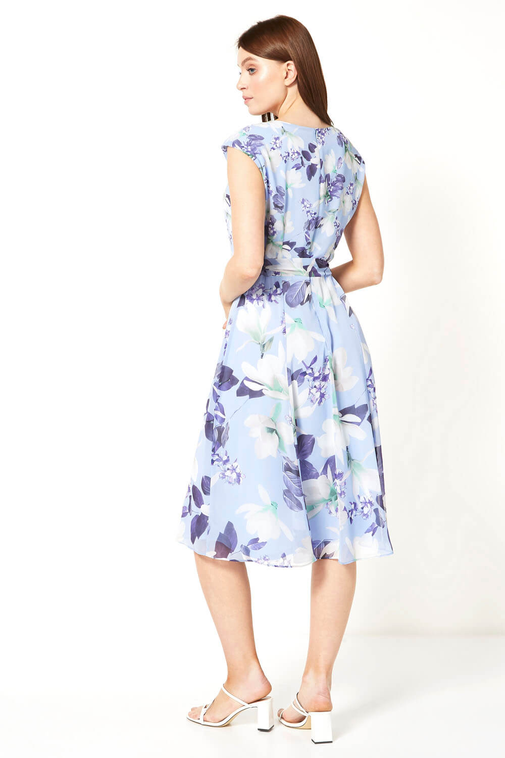 Lilac Floral Fit and Flare Belted Dress, Image 3 of 5