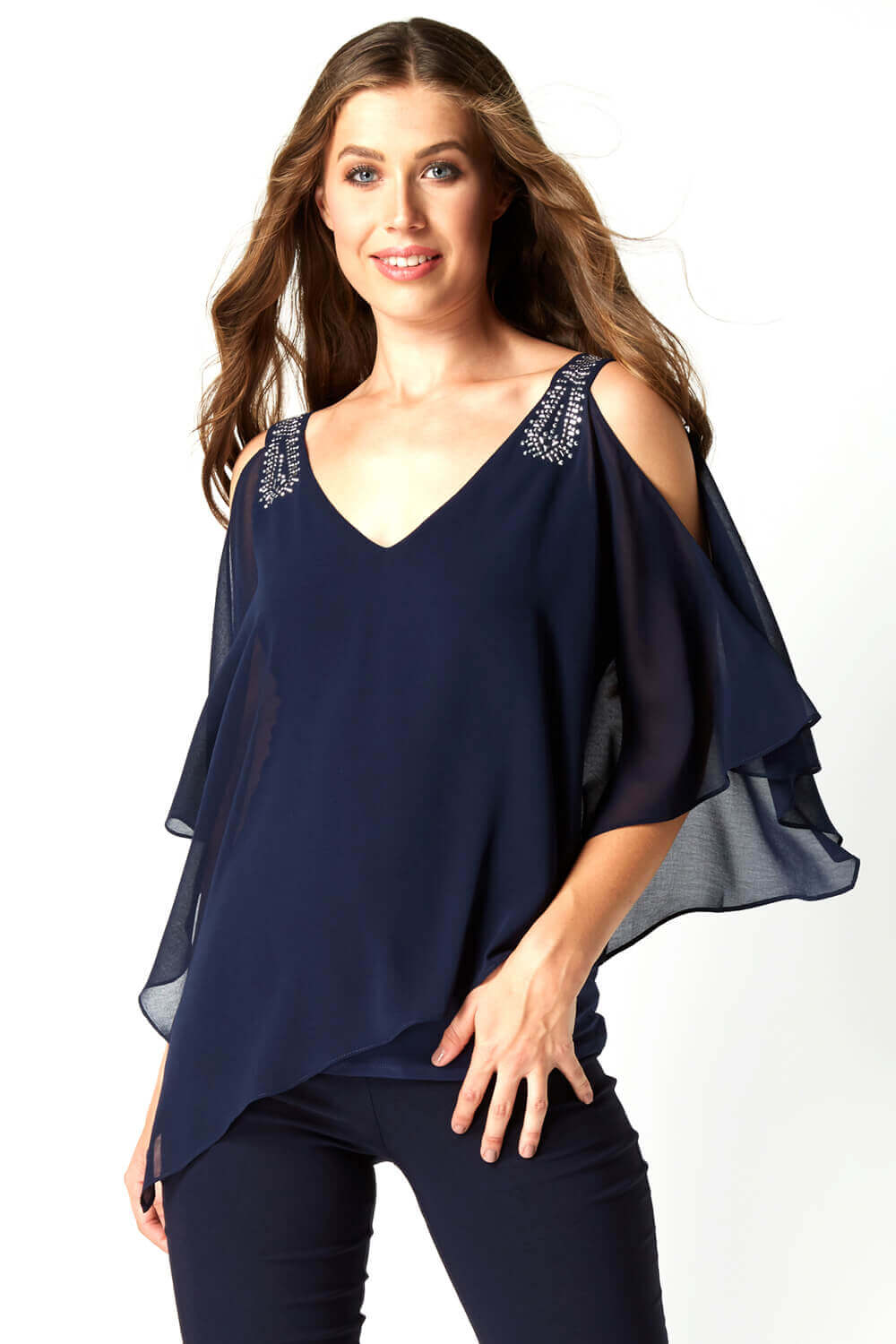 Embellished Cold Shoulder Overlay Top