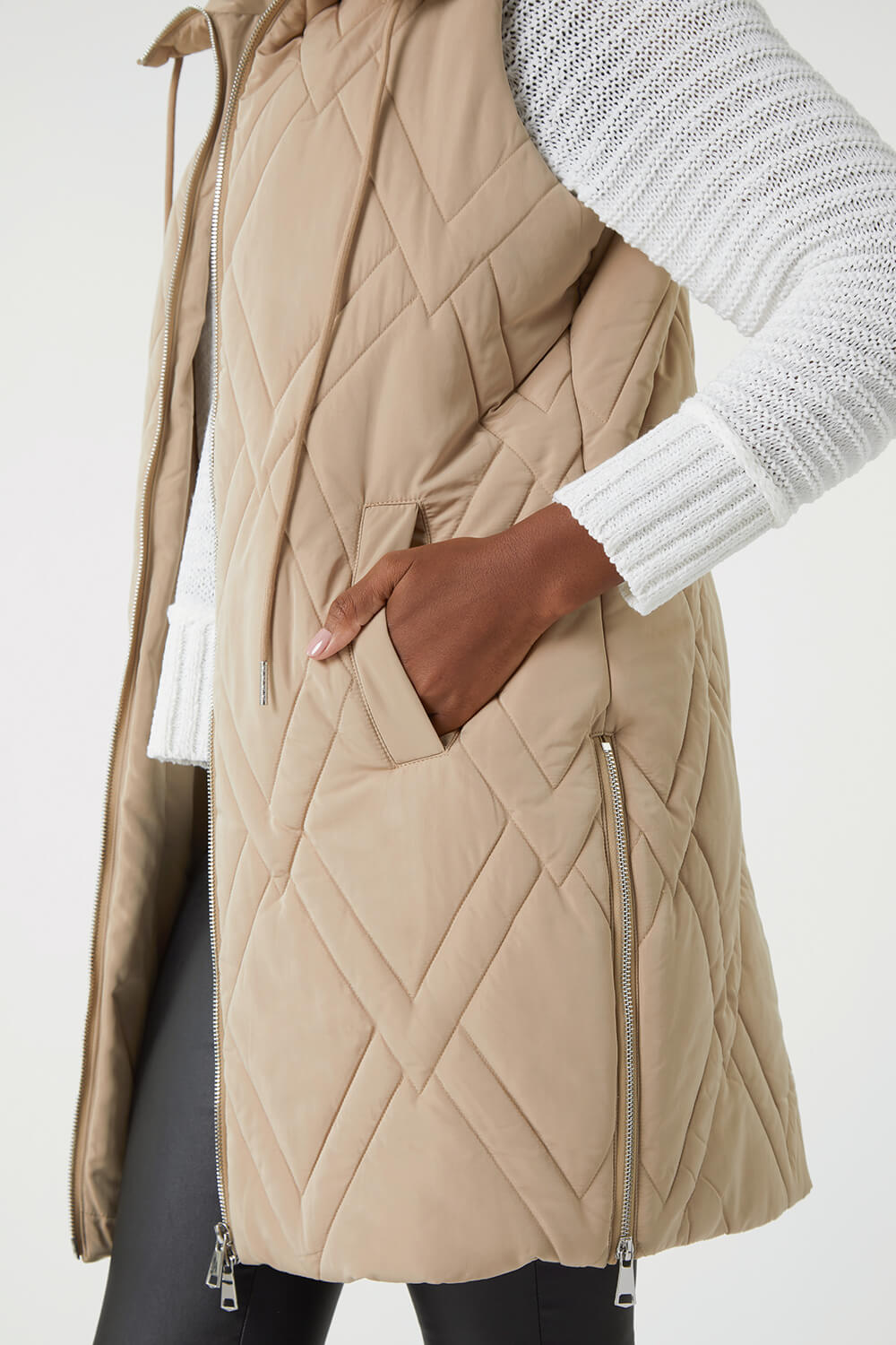 Beige Diamond Quilted Hooded Gilet, Image 5 of 5