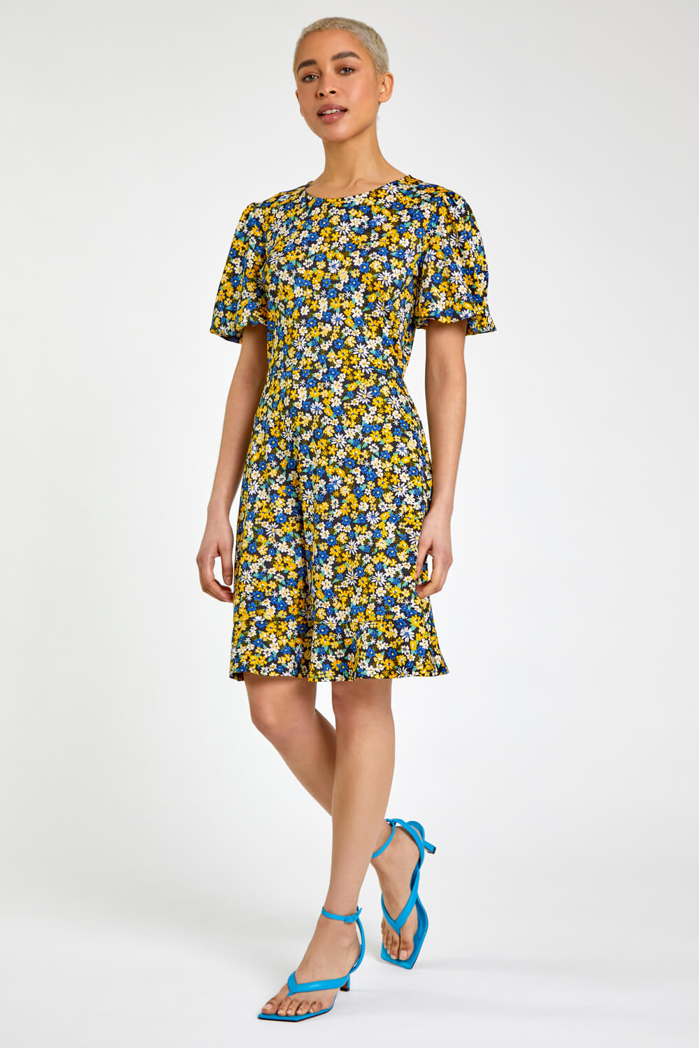 Yellow Ditsy Daisy Print Tea Dress, Image 3 of 5