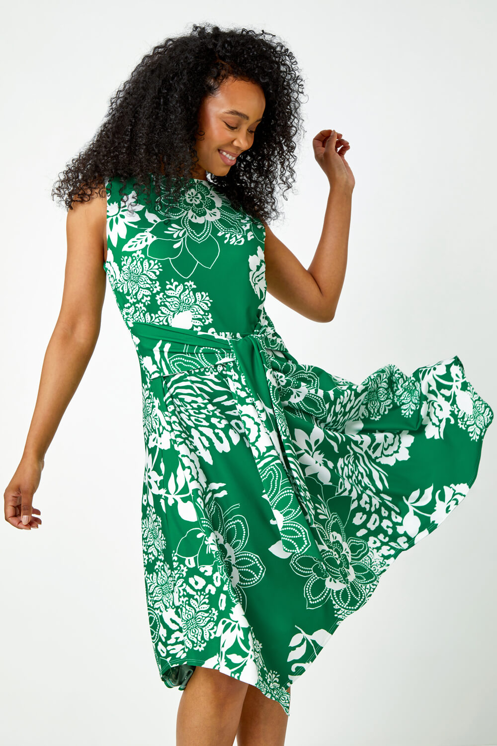 Green Petite Tie Waist Floral Stretch Dress, Image 2 of 5