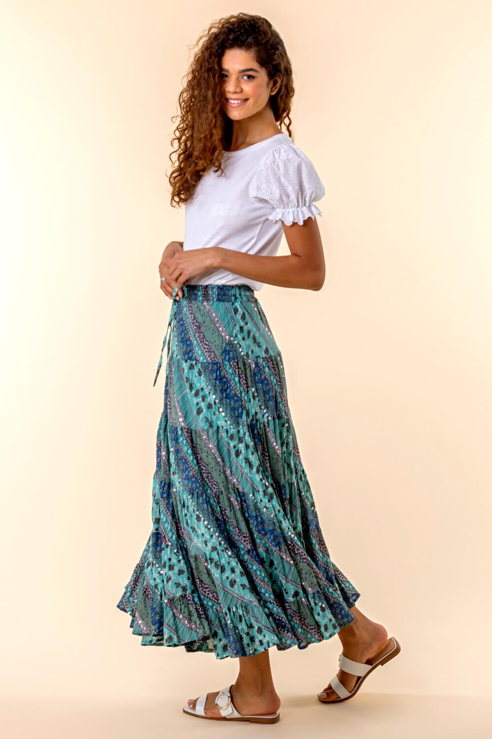 Turquoise Paisley Print Sequin Embellished Skirt, Image 3 of 4