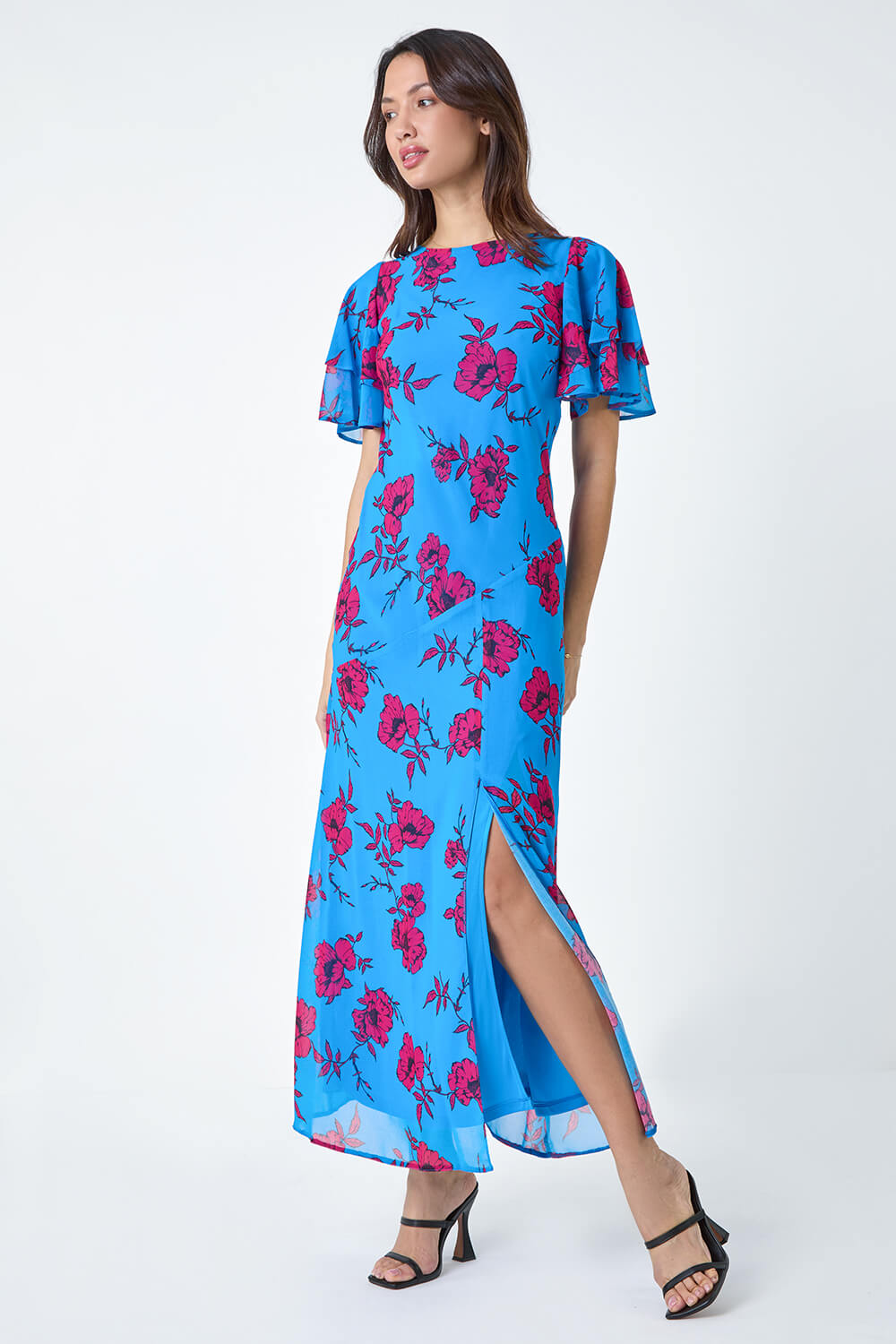 Blue Floral Tiered Sleeve Maxi Dress, Image 2 of 6