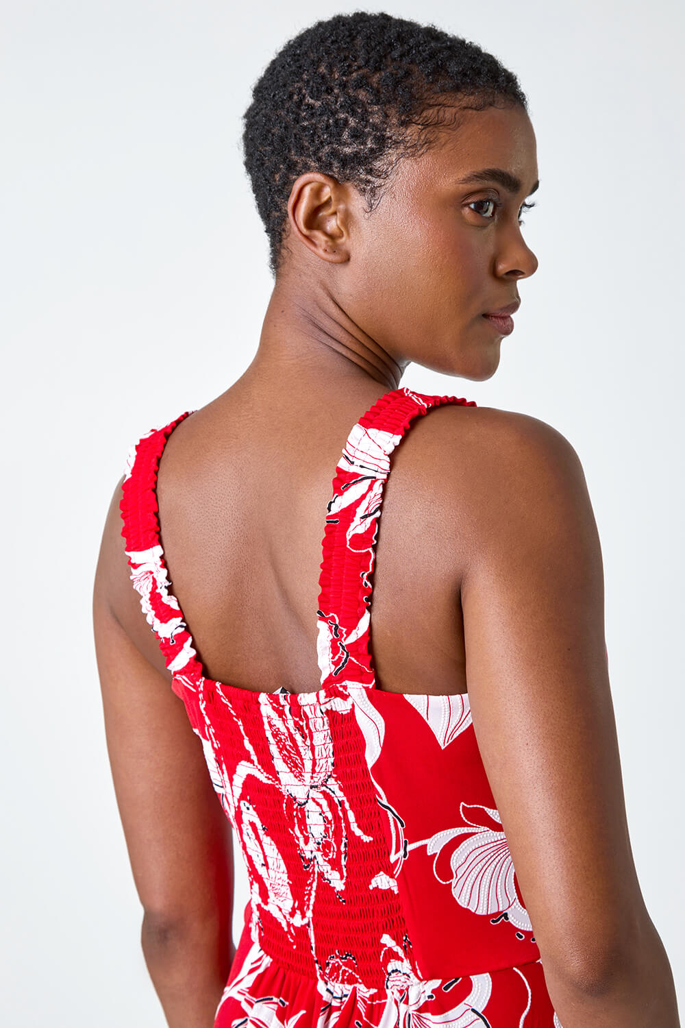Red Textured Floral Print Midi Stretch Dress, Image 4 of 5