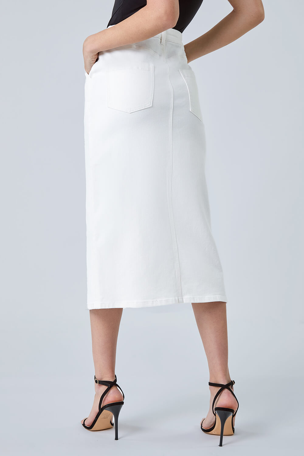 White Cotton Blend Denim Stretch Midi Skirt, Image 3 of 5