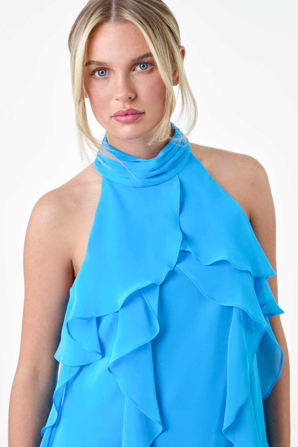 Blue Petite Halter Neck Frill Top, Image 4 of 5