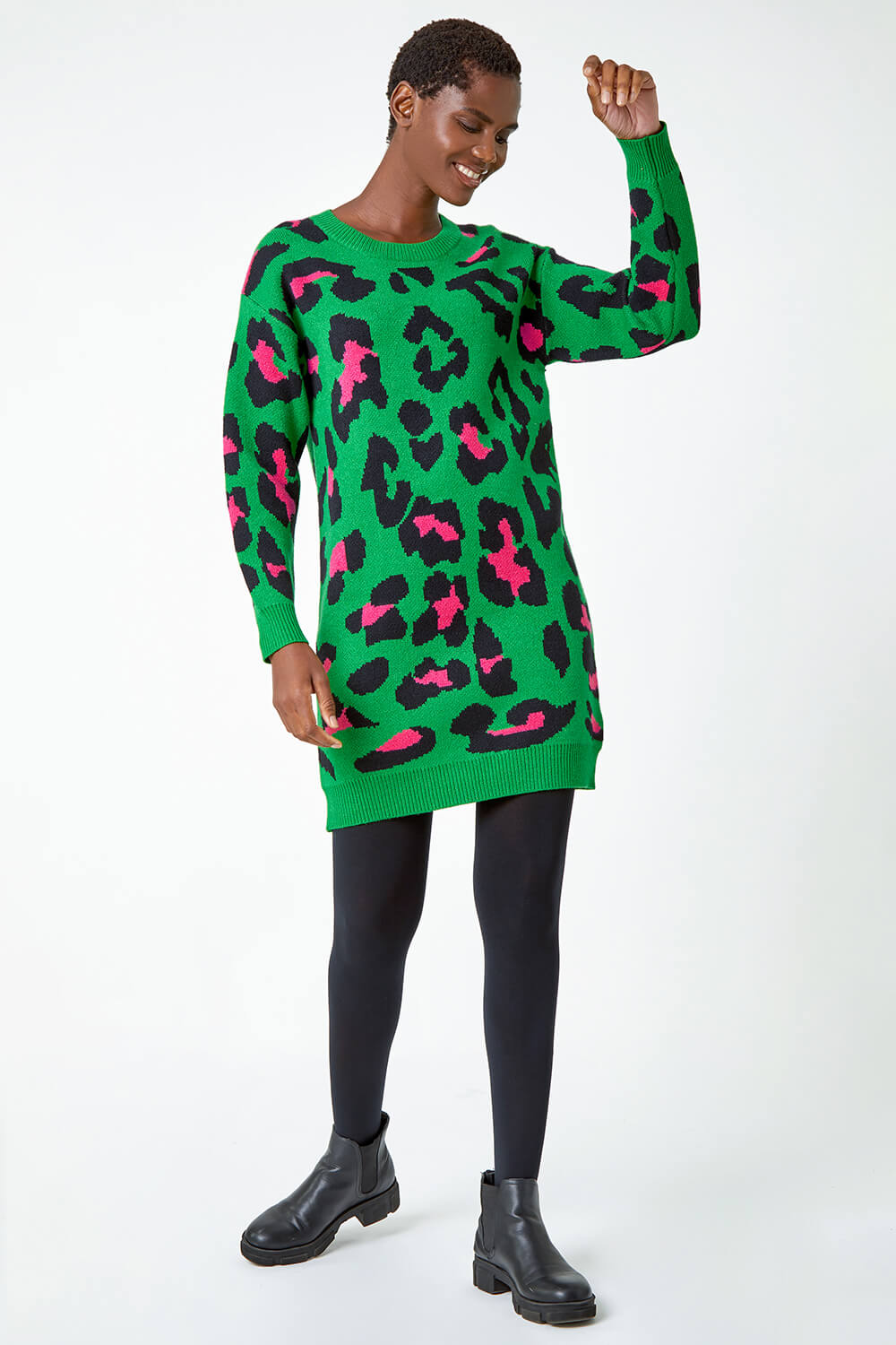 Green Leopard Print Knitted Jumper Dress, Image 2 of 5