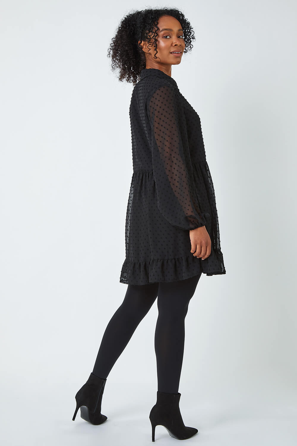 Black Petite Textured Tiered Spot Dress, Image 3 of 5