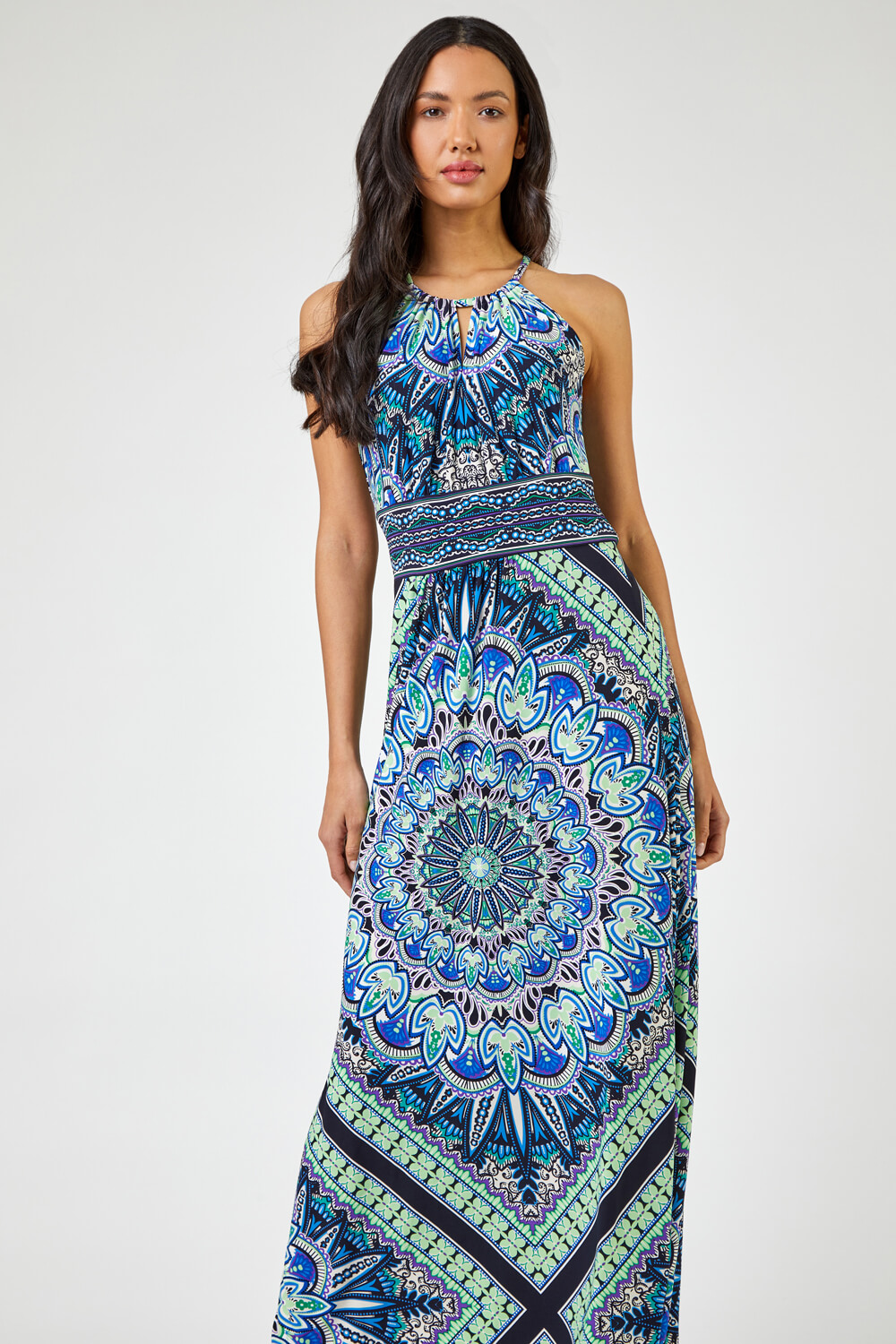 Blue  Boho Print Halterneck Maxi Dress, Image 3 of 5