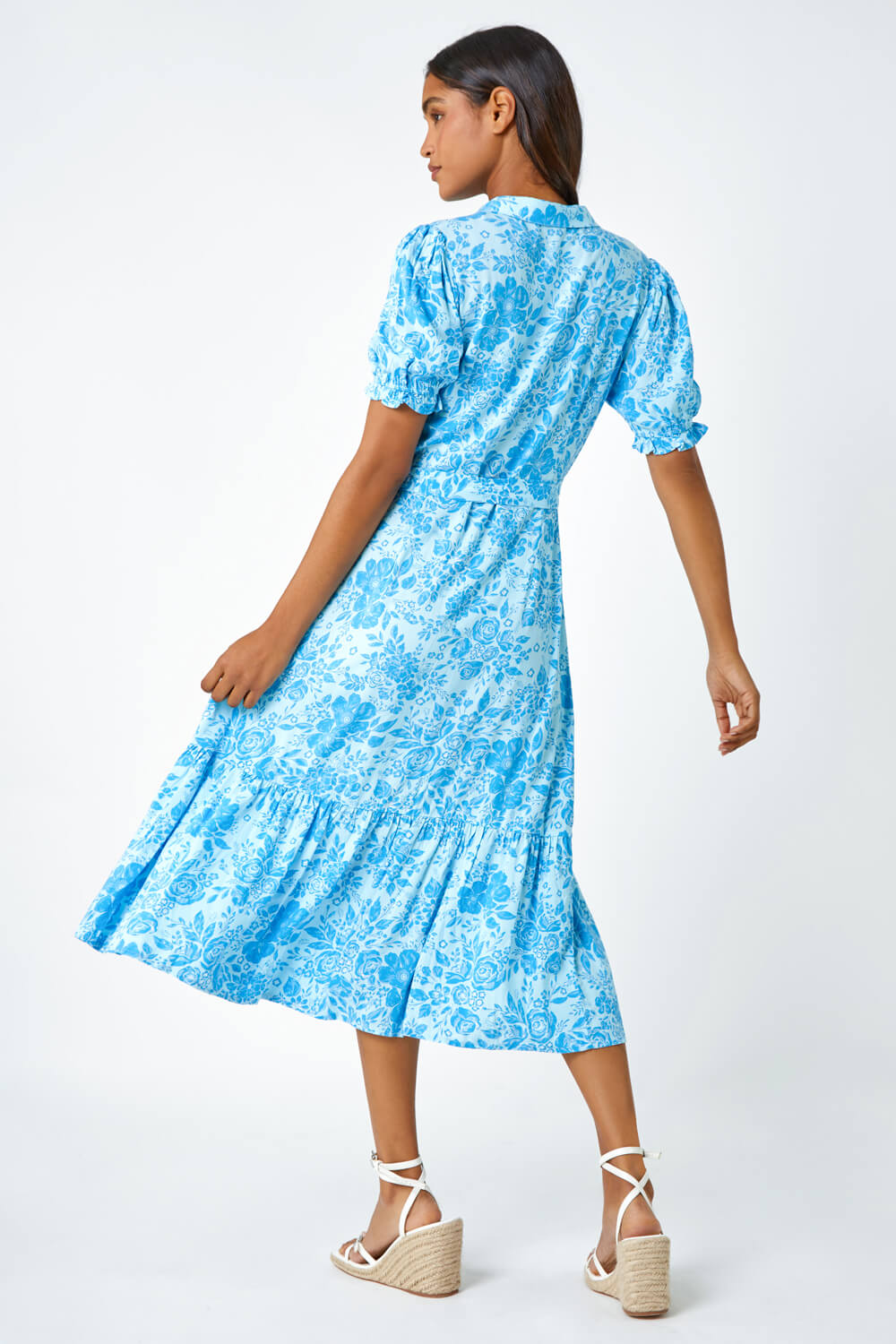 Blue Floral Print Frill Hem Shirt Dress, Image 3 of 5