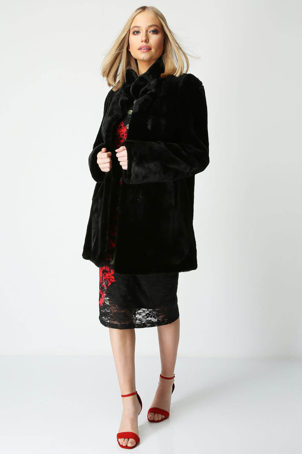 Black Faux Fur Swing Coat, Image 2 of 5