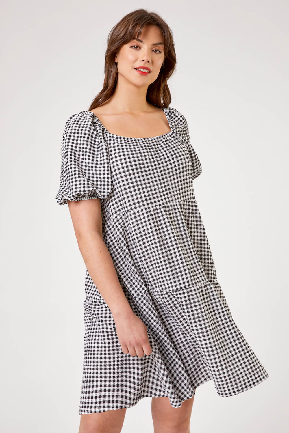 Curve Gingham Print Tiered Dress