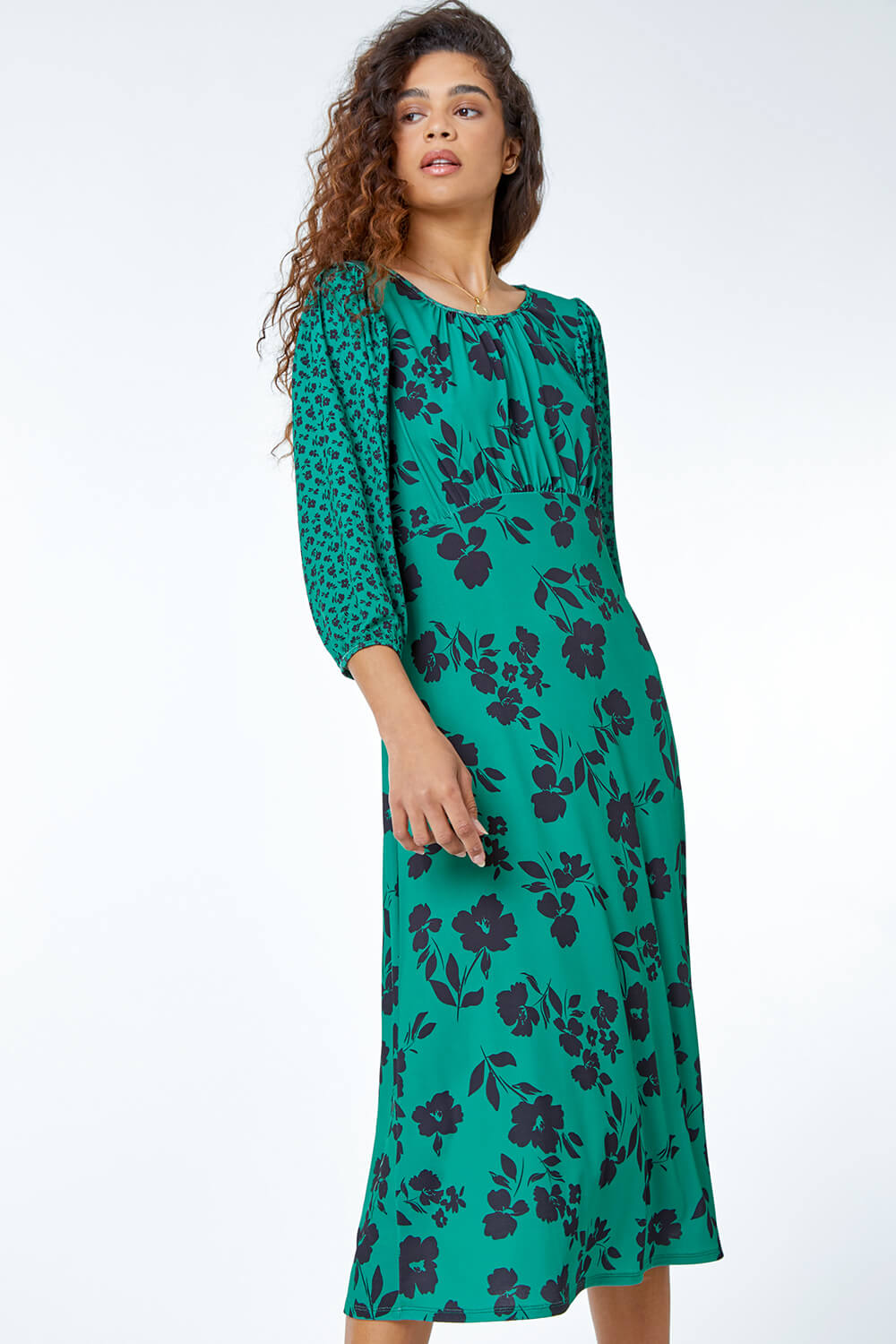 Green Floral Contrast Print Midi Dress, Image 4 of 5