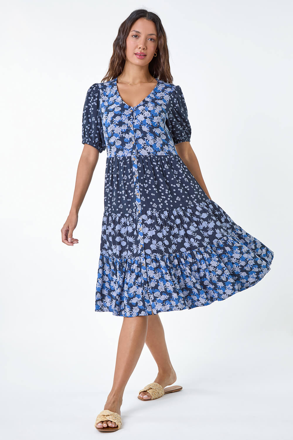 Navy  Floral Cotton Blend Tiered Smock Dress, Image 2 of 5