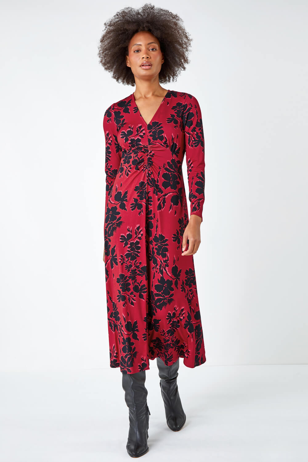 Red Floral Print Ruched Midi Stretch Dress, Image 2 of 5