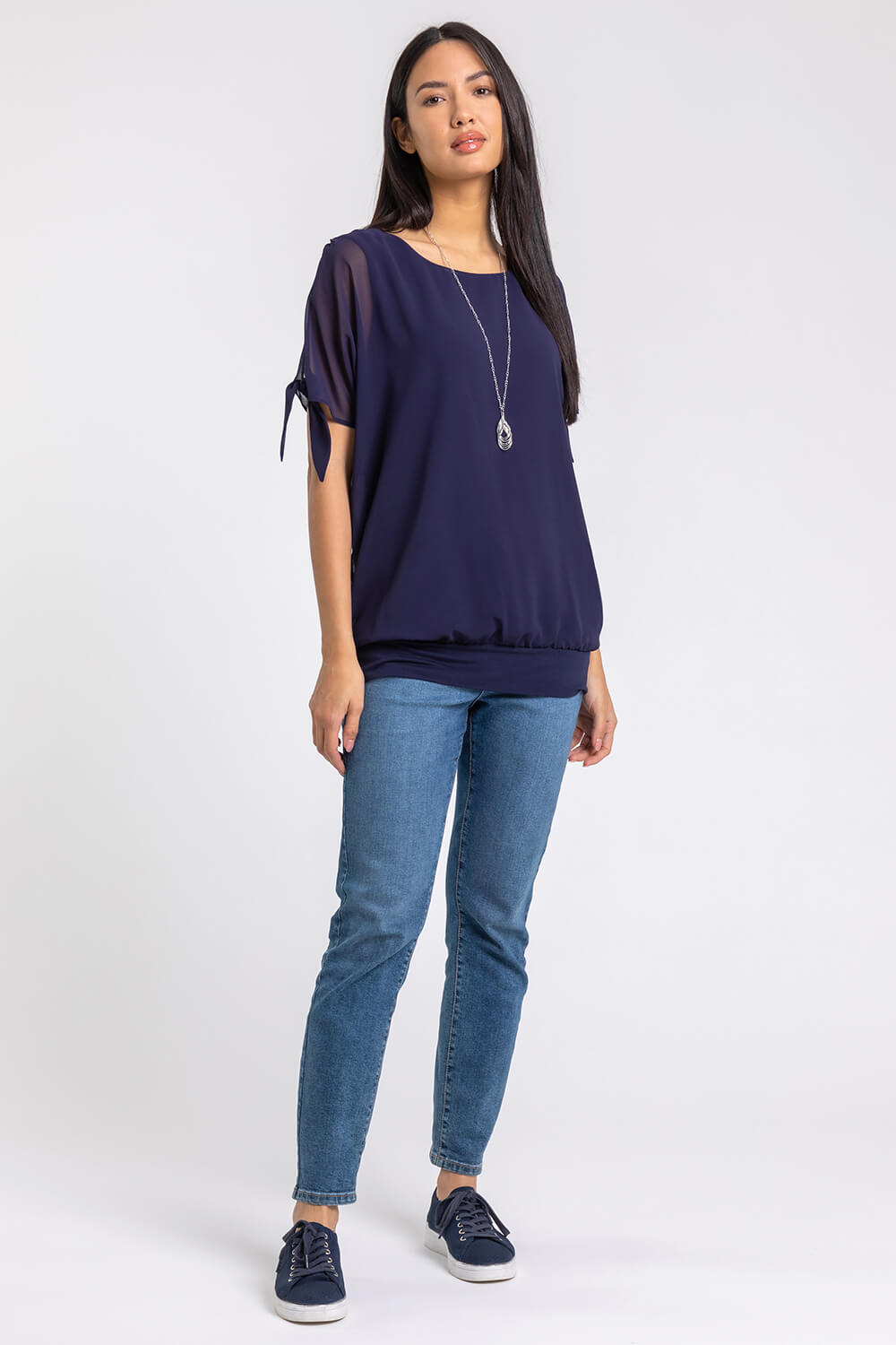 Navy  Chiffon Layered Tie Detail Top with Necklace, Image 3 of 5