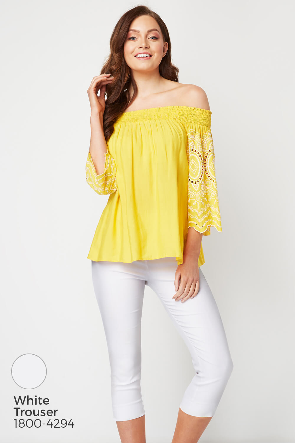 Yellow Embroidered Sleeve Bardot Top , Image 5 of 8