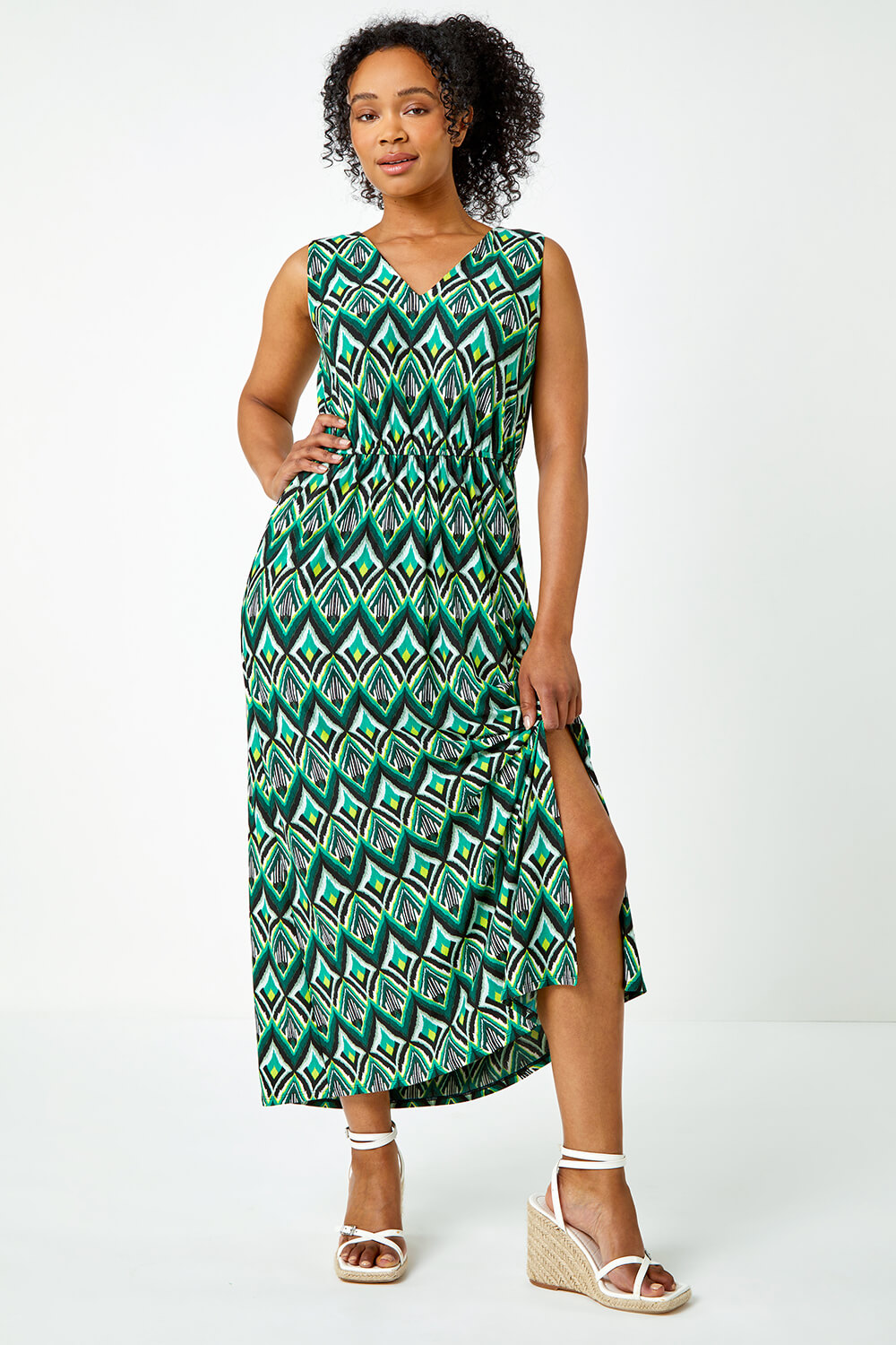 Green Petite Aztec Print Shirred Maxi Dress, Image 3 of 5