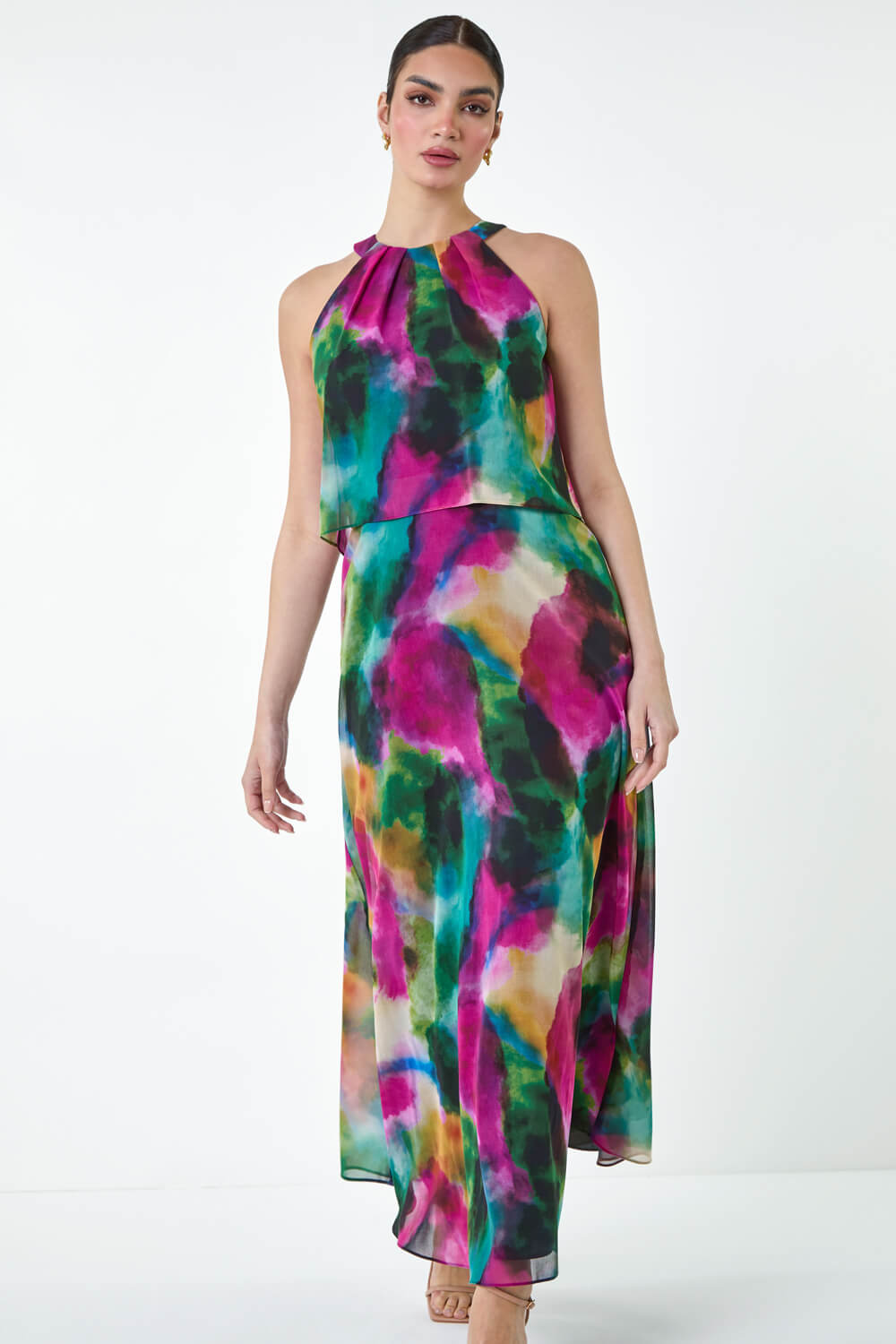 Abstract Print Chiffon Overlay Maxi Dress