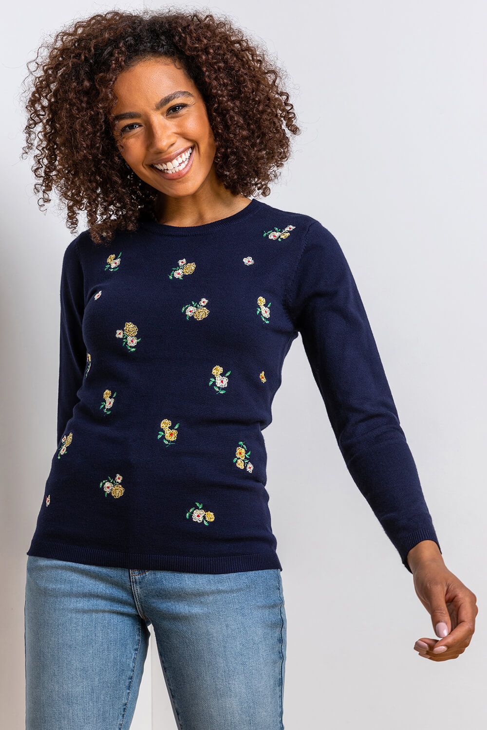 Navy  Floral Embroidered Crew Neck Jumper, Image 3 of 4