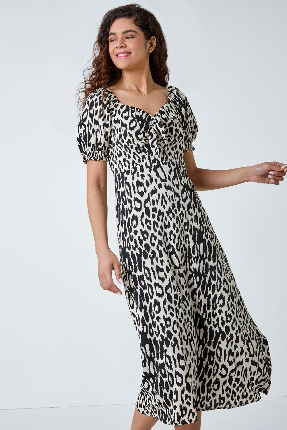 Black Leopard Print Ruched Pocket Midi Dress, Image 6 of 6