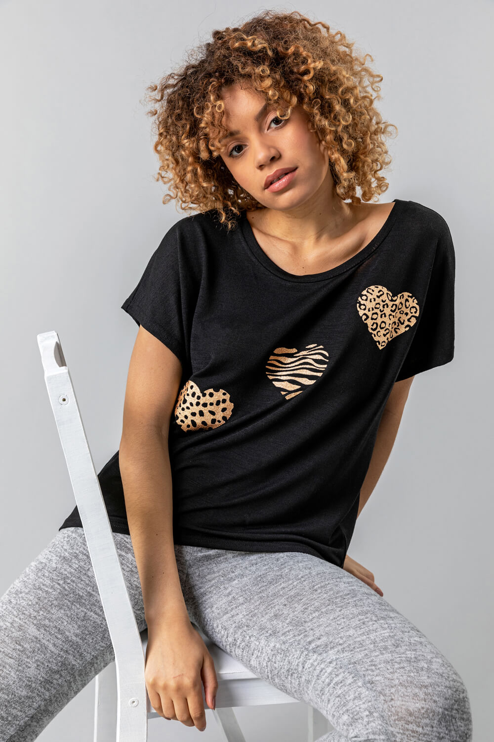 Black Foil Heart Print Lounge T-Shirt, Image 4 of 4