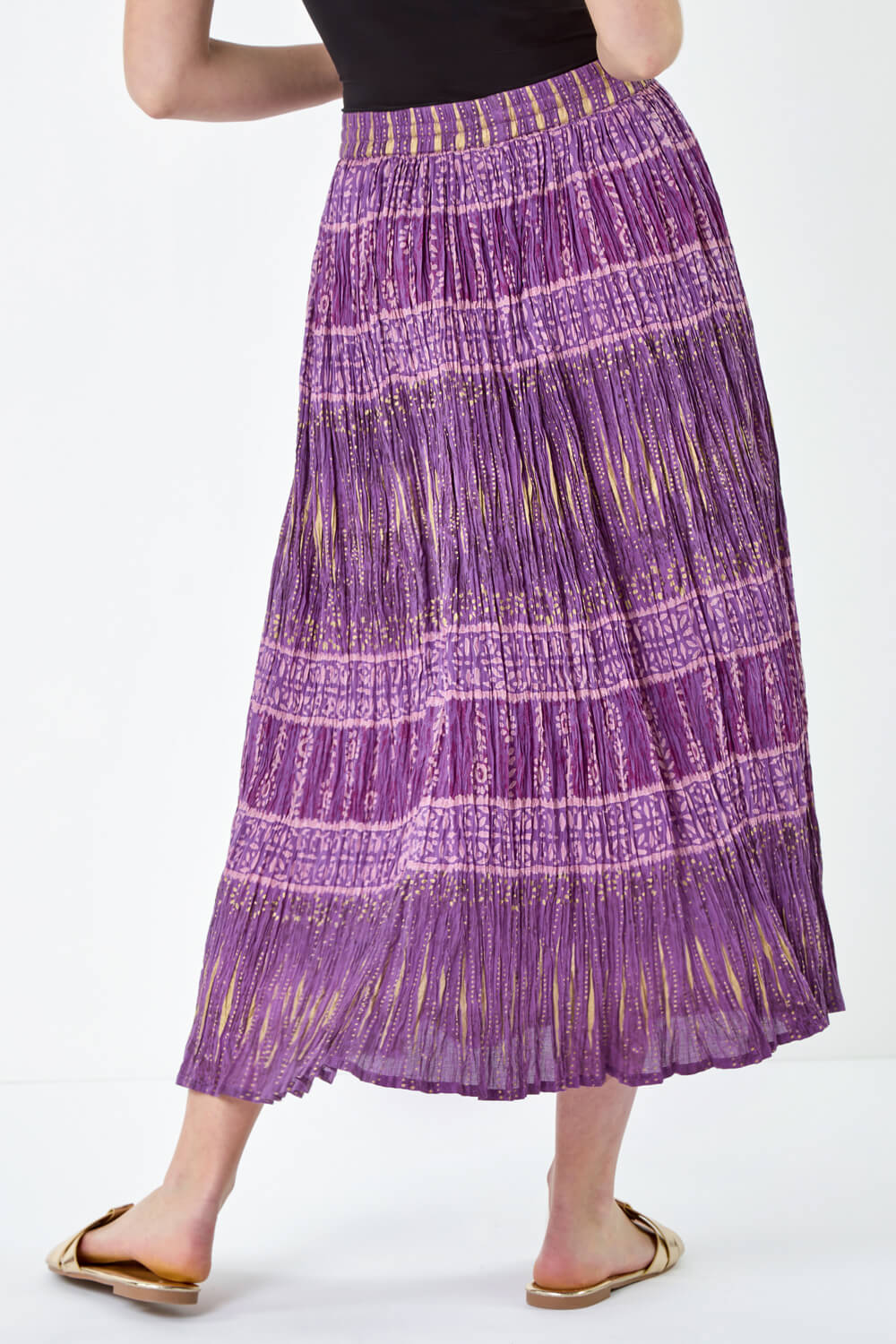Purple Crinkle Cotton Metallic Foil A Line Midi Skirt, Image 3 of 7