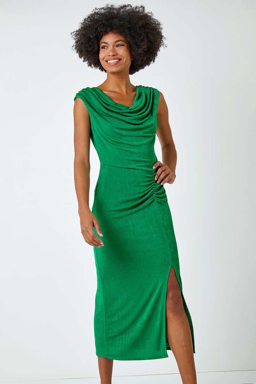 Green Cowl Neck Ruched Midi Dress, Image 2 of 5