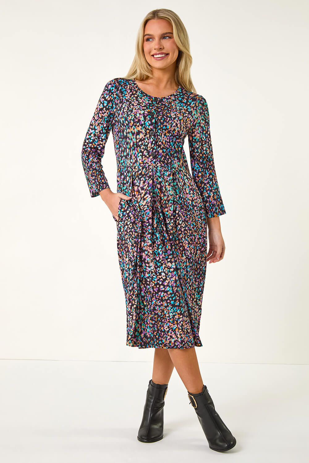 Petite Animal Print Button Stretch Midi Dress in Black, Black