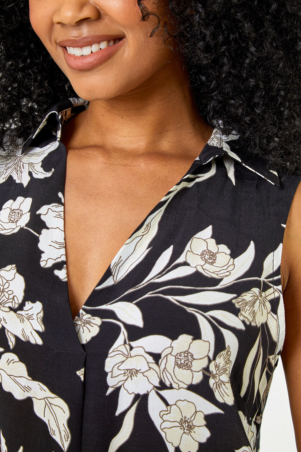 Black Petite Floral Print Shirt Collar Top, Image 4 of 6