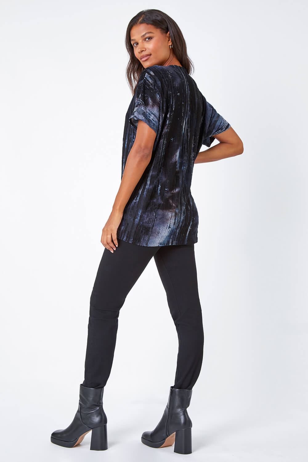 Blue Abstract Print Zip Front Stretch T-Shirt , Image 3 of 5