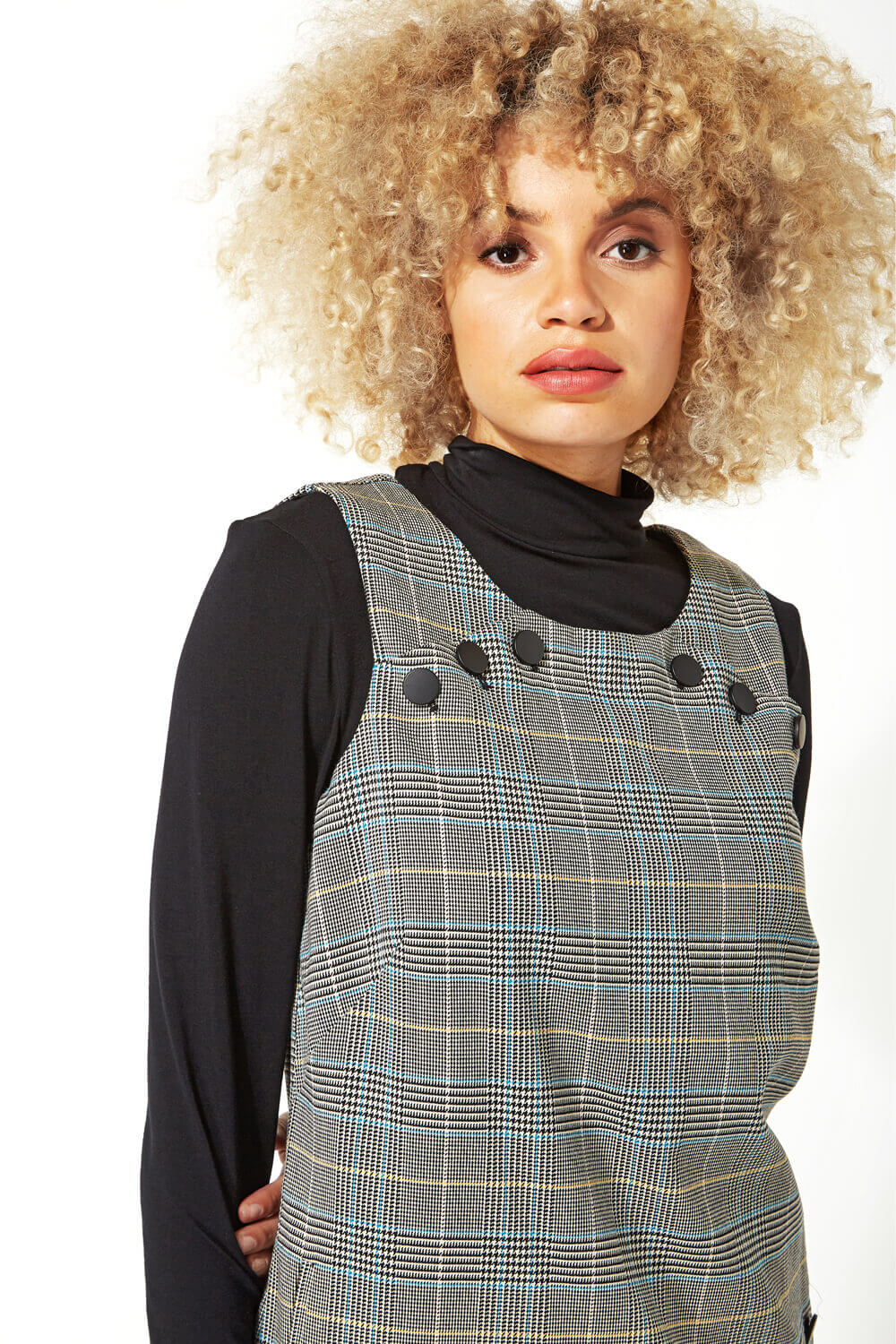 Multi  Check Button Pinafore Dress, Image 4 of 5