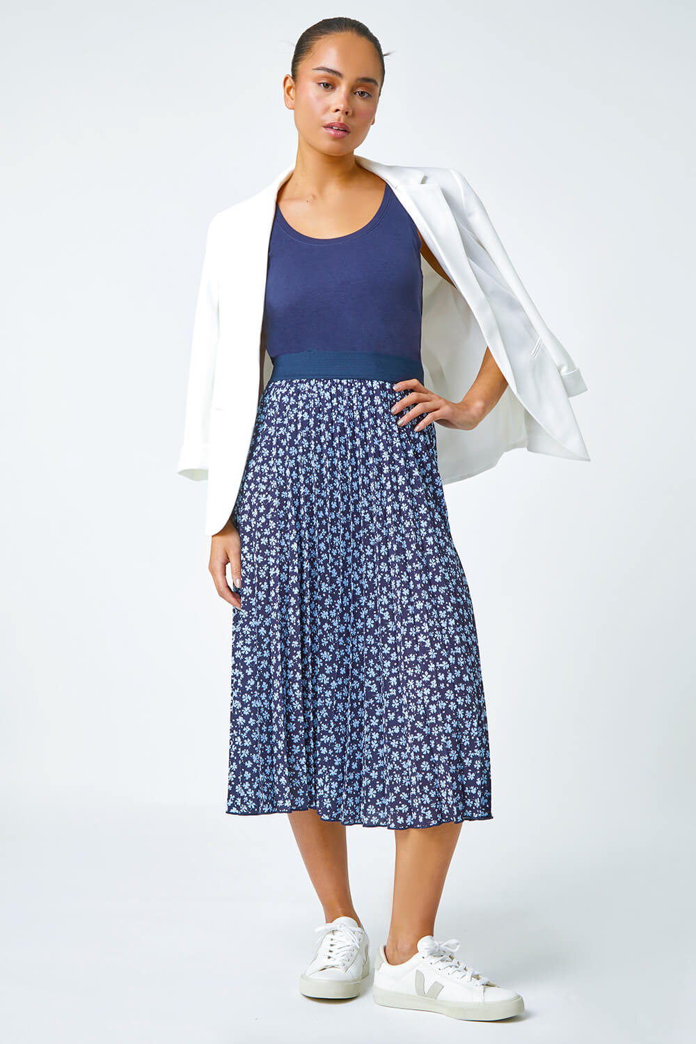 Navy  Petite Pleated Ditsy Floral Midi Skirt, Image 2 of 5