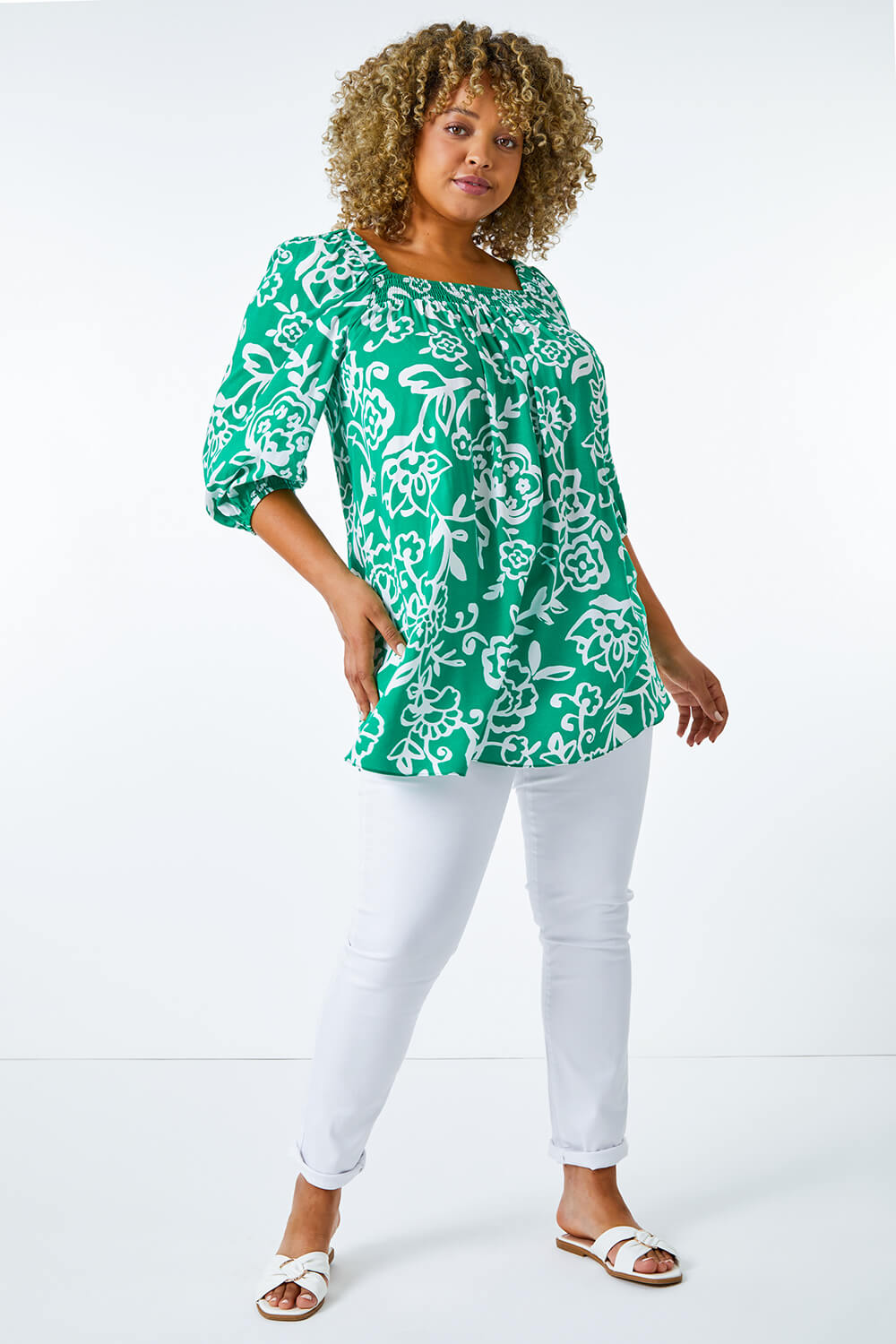 Green Curve Square Neck Floral Top, Image 4 of 5