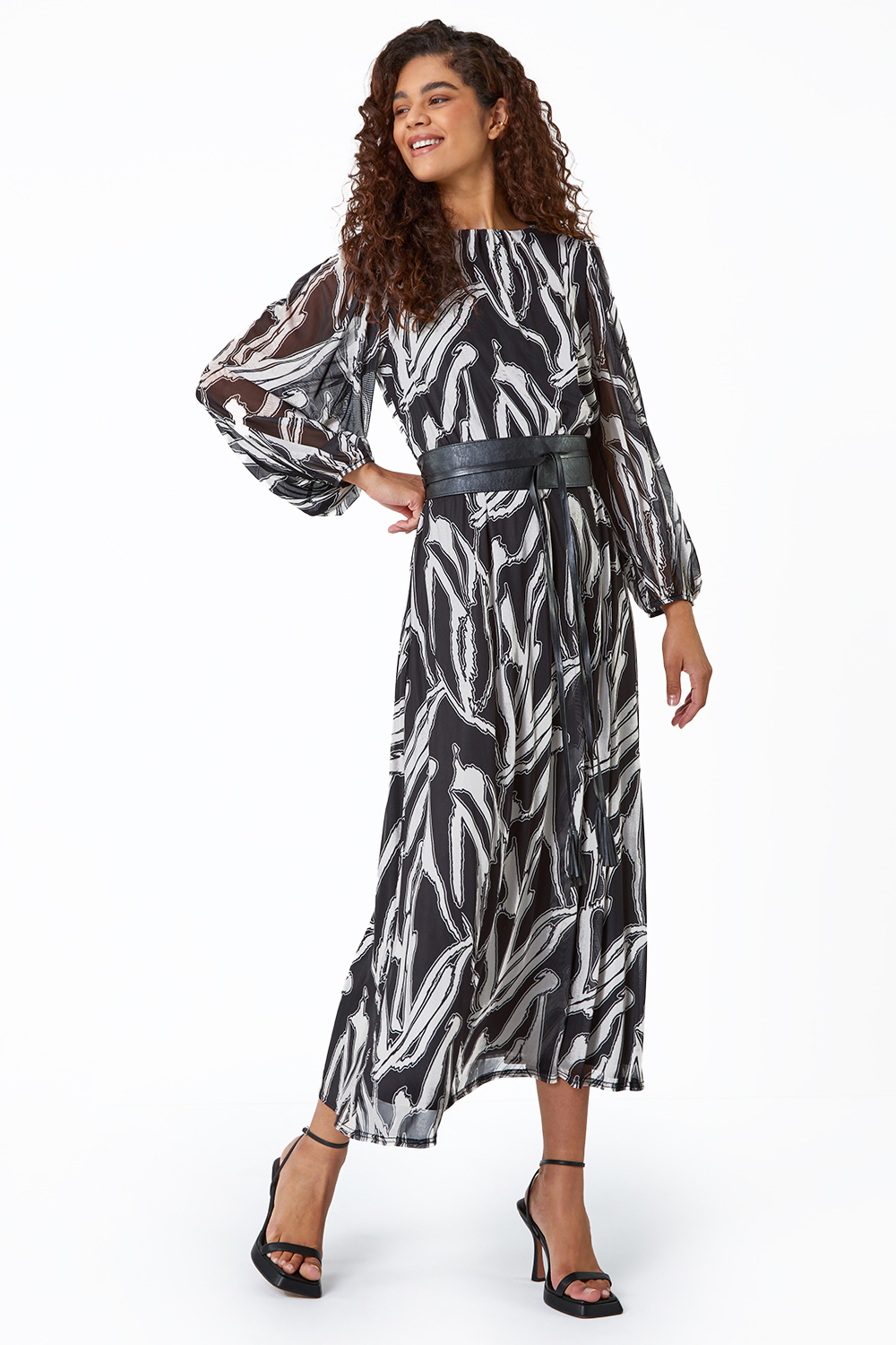 Black Abstract Print Belted Midi Stretch Dress , Image 2 of 5