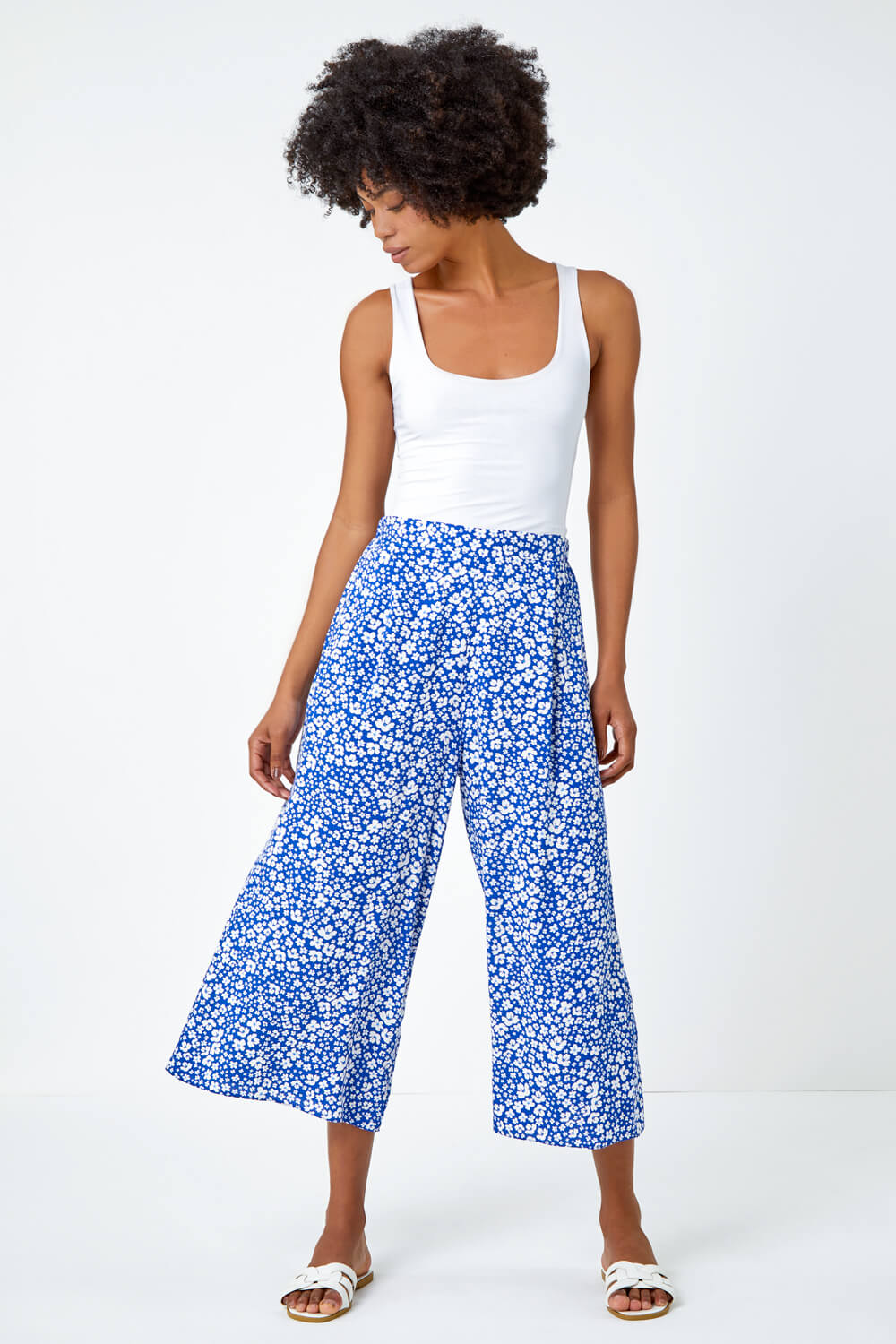 Blue Ditsy Floral Print Culotte Trousers, Image 2 of 5