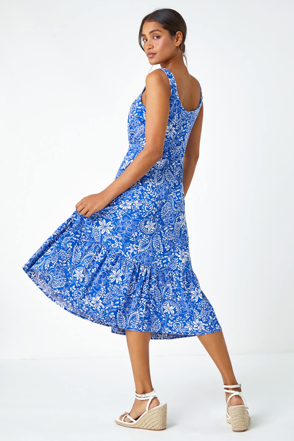 Royal Blue Floral Frill Hem Stretch Midi Dress, Image 3 of 5